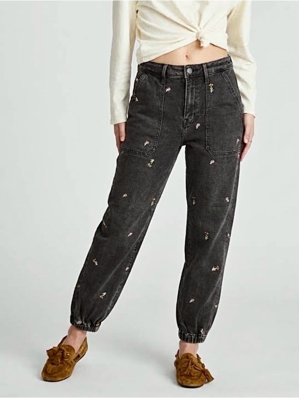 Driftwood Embroidered Tiny Flowers Jogger Jeans Dark Grey Women’s Size Medium